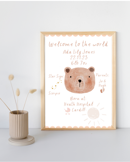 New baby personalised print - Teddy