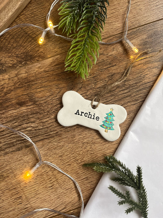 Large Personalised Christmas Dog Bone with Tree Decoration