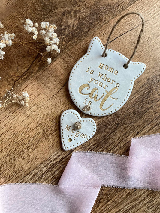 Home is where your cat is Personalised clay hanging keepsake